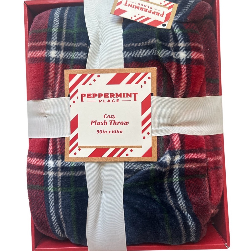 Peppermint Plaid Plush Throw - Red, Blue, and White
